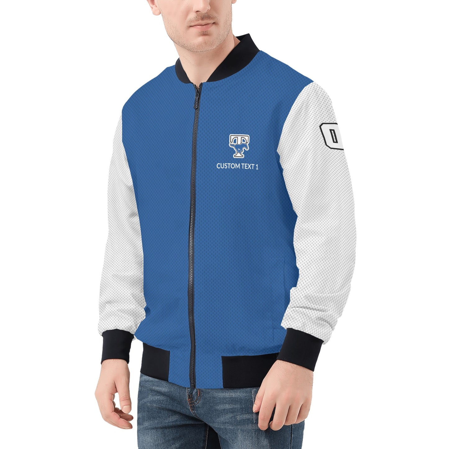 JETHS - Adult Zip-Up Bomber Jacket, Blue/White