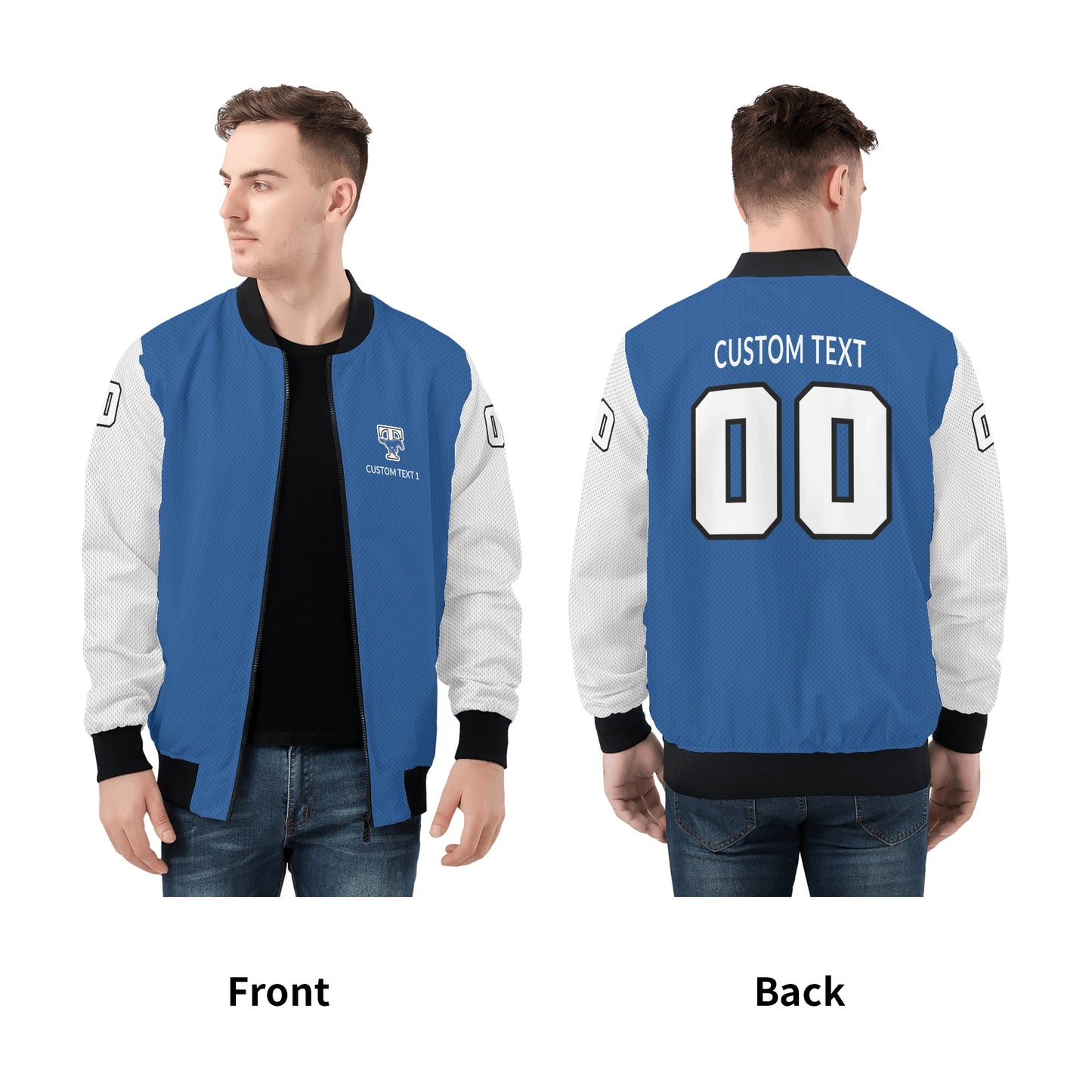 JETHS - Adult Zip-Up Bomber Jacket, Blue/White