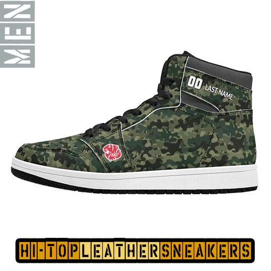 KHS - Mens High Top Leather Sneakers, Camo Green, Black